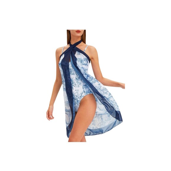 Jollkichay One Piece Blue And White Floral Swimsuit And Sarong Wrap Size L NWT - Picture 3 of 11